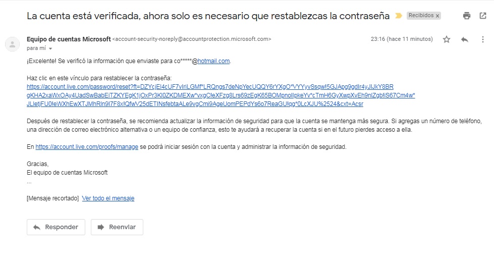 enlace reestablecer contraseña hotmail